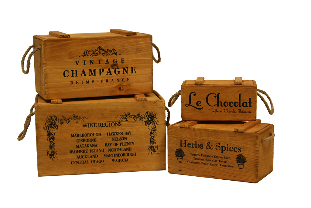 Cajas de madera con tapa y asa de cuerda marron claro s/4