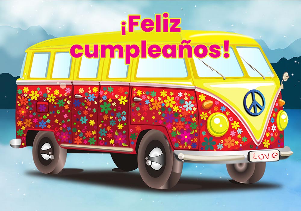 Tarjeta feliz cumpleaños - furgoneta a todo color