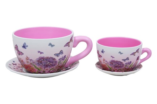 Flowerpot cups flowers and butterflies s/2