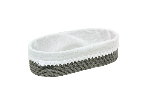Cesta oval tiras de papel gris c/ tela blanca