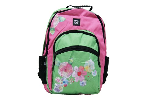 Mochila verde y rosa flores