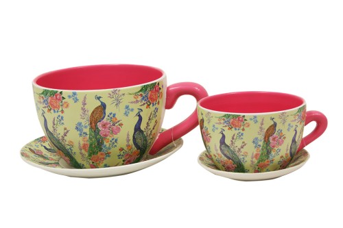 Macetero tazas pavos reales s/2