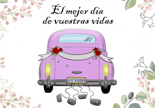 Tarjeta boda - coche de novios